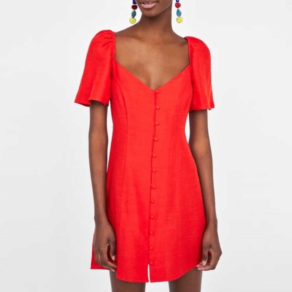 Zara Red Button Down Puff Sleeve Dress Size XS